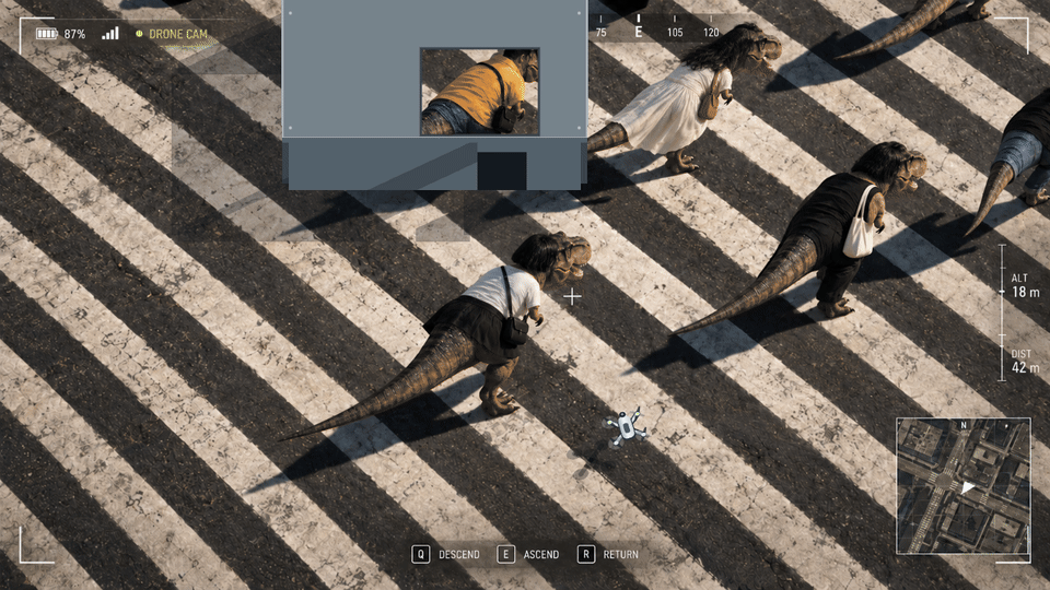 Tyrannosaurus transformation — 07 · Simulator with an obstacle — original person versus Tyrannosaurus transformation