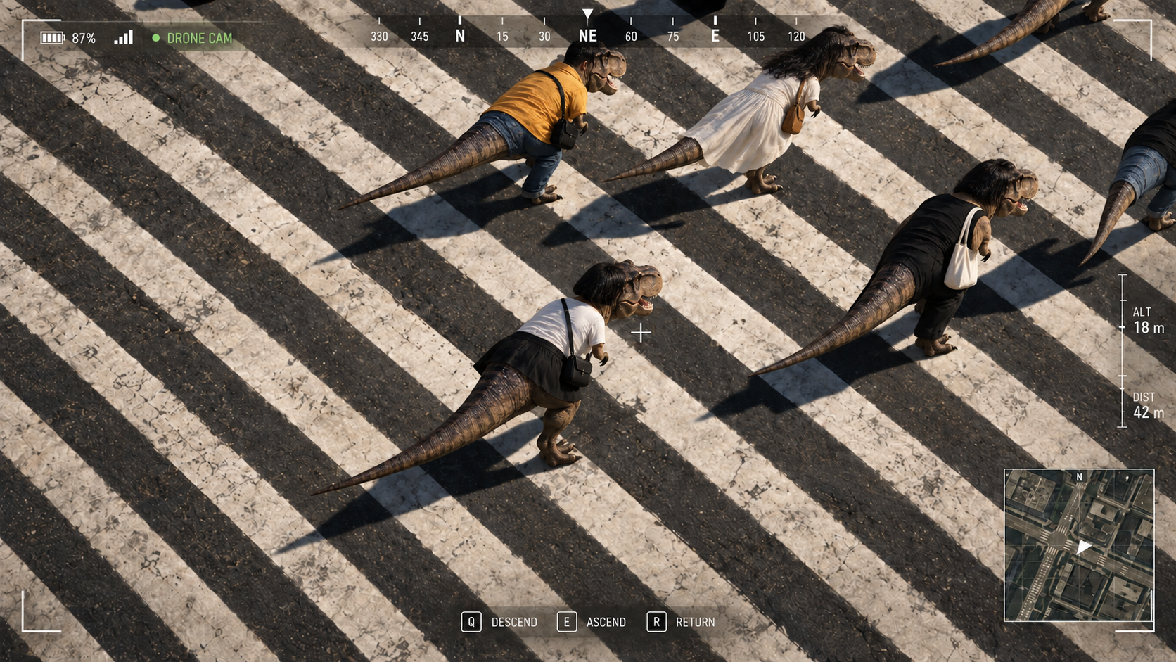 Transformed: 05 · Crosswalk — original people versus Tyrannosaurus transformation